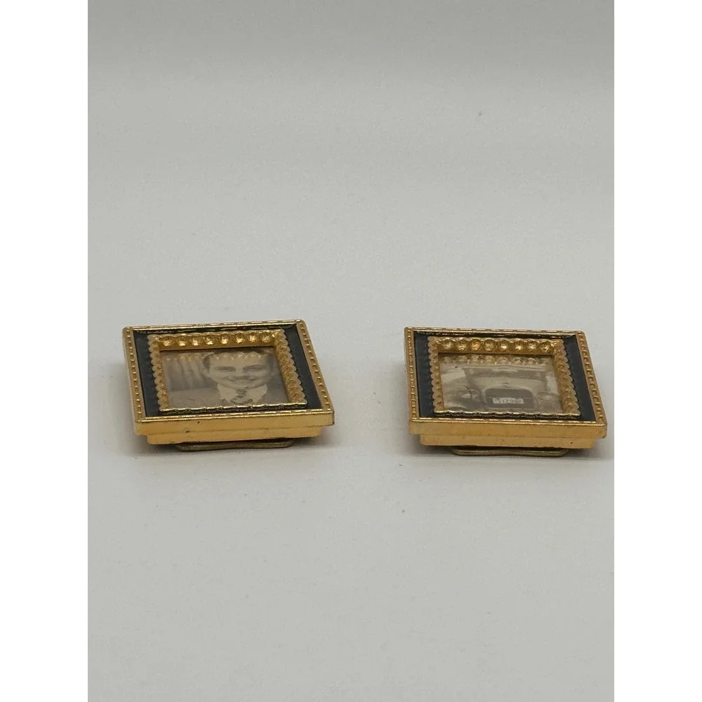 Vintage 80s Mini Picture Frames Black Enamel Gold Scalloped Desk Decor Pair